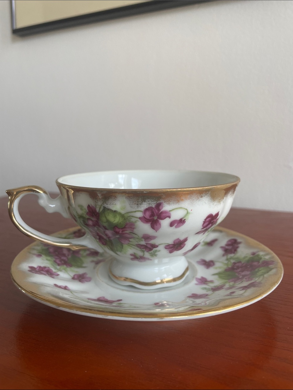 Vintage Shafford Violets Floral Gold Trim Teacup & Saucer Hand Decorated